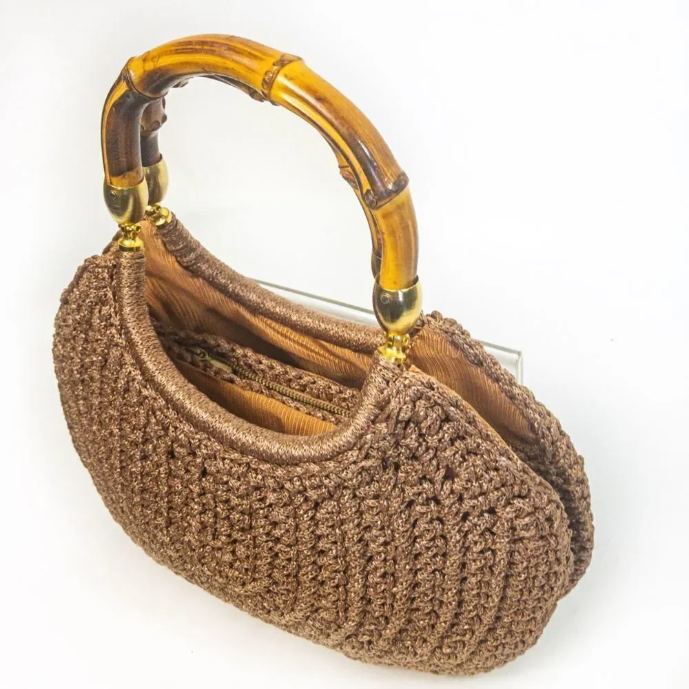Vintage Brandeis Brown Macrame Clamshell Handbag Bamboo Handles - Picture 3 of 13